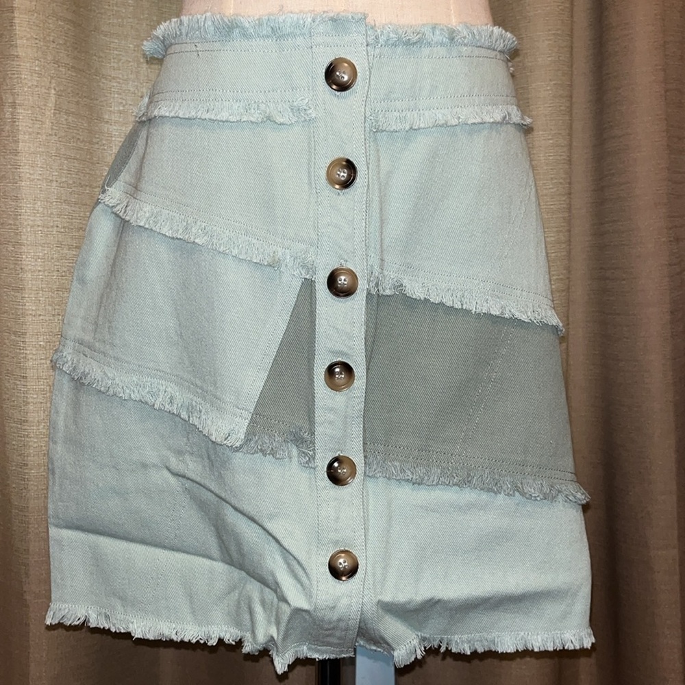 Very J Colorblock Sage Frayed Denim Button Mini Skirt Casual Womens Large